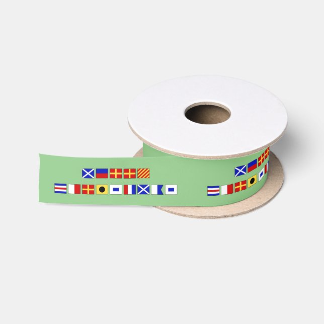 Nautical Signal Flag Merry Christmas Green Satin Ribbon (Spool)