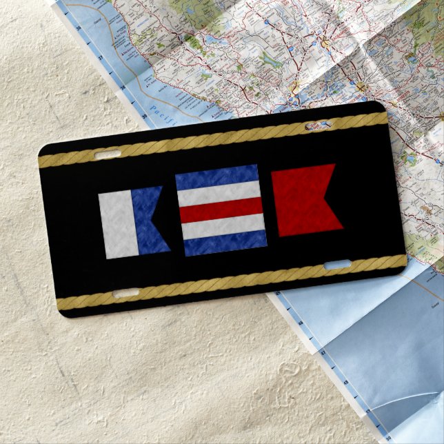 Nautical Signal Flag Monogram | Black + Ropes License Plate (In Situ)