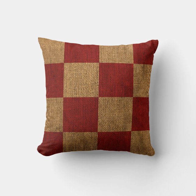 Nautical Signal Flag - Red and Natural Check Throw Pillow (Front)
