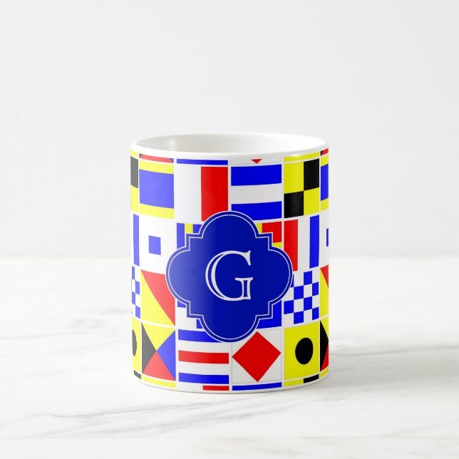 Nautical Signal Flags Royal Quatrefoil Monogram Coffee Mug (Center)