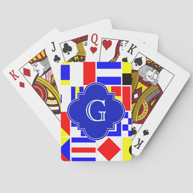Nautical Signal Flags Royal Quatrefoil Monogram Poker Cards (Back)