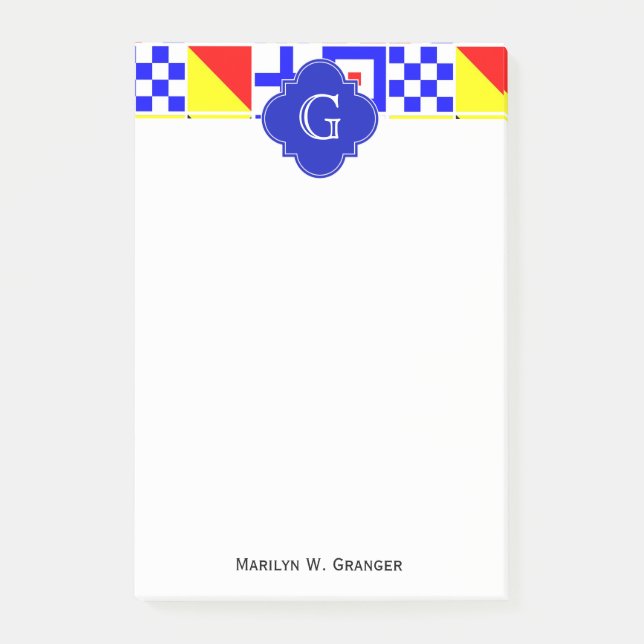 Nautical Signal Flags Royal Quatrefoil Monogram Post-it Notes (Front)