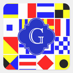 Nautical Signal Flags Royal Quatrefoil Monogram Square Sticker