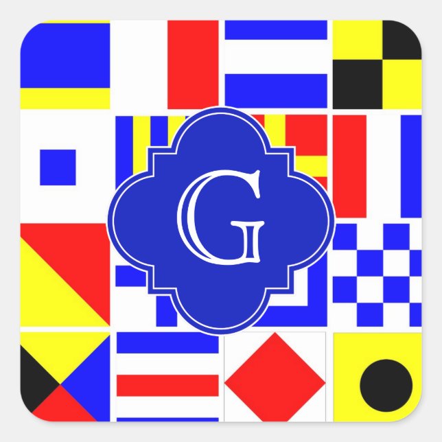 Nautical Signal Flags Royal Quatrefoil Monogram Square Sticker (Front)