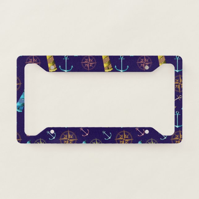 Nautical Signs Anchor Golden Lighthouse Compass License Plate Frame (Front)