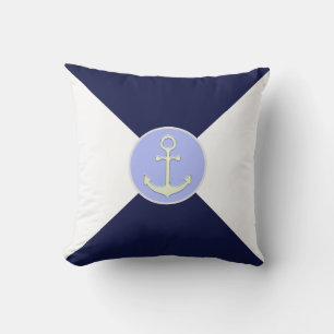Nautical Silver Anchor on Navy Blue & White  Throw Pillow