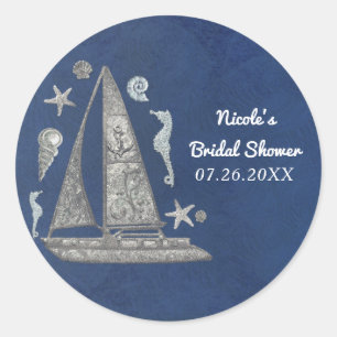 Nautical Silver Boat & Beach Things Elegant Party Classic Round Sticker