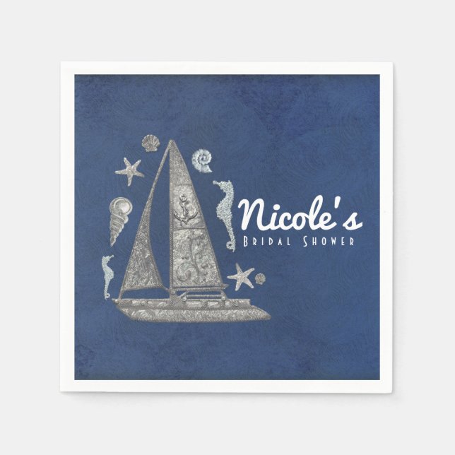 Nautical Silver Boat & Beach Things Elegant Party Paper Napkins (Front)