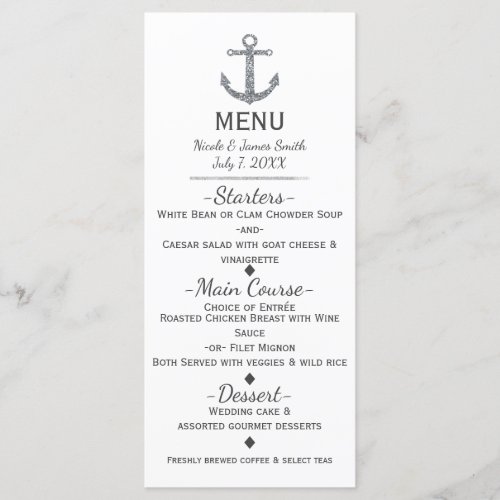 Nautical Silver Glitter Anchor Glamour Menu Card