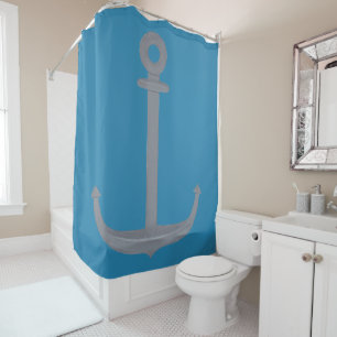 Nautical Silver Gray Anchor on Blue Shower Curtain