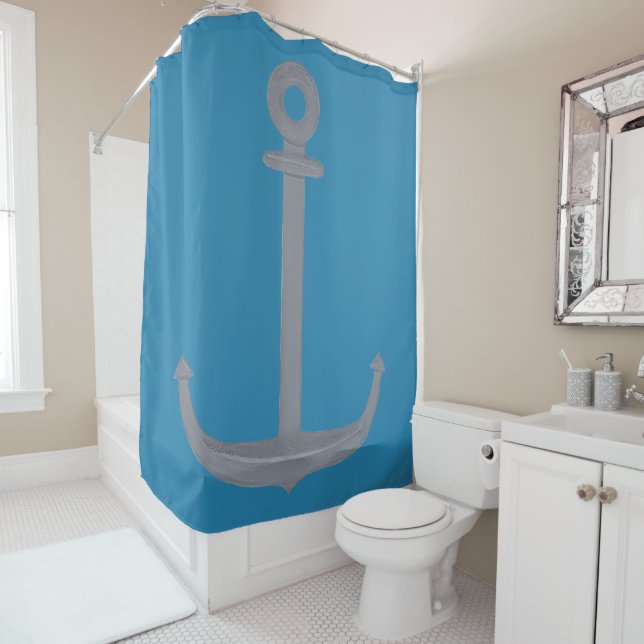 Nautical Silver Gray Anchor on Blue Shower Curtain (In Situ)