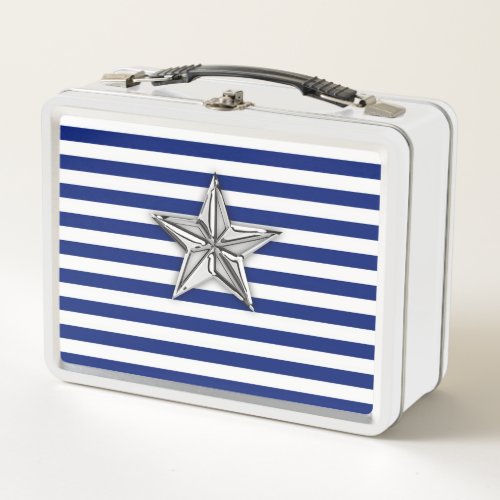 Nautical Silver Star Design on Stripes Metal Lunch Box