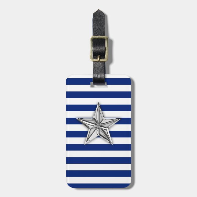 Nautical Silver Star on Blue Stripes Luggage Tag (Front Vertical)