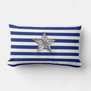 Nautical Silver Star on Blue Stripes Lumbar Pillow