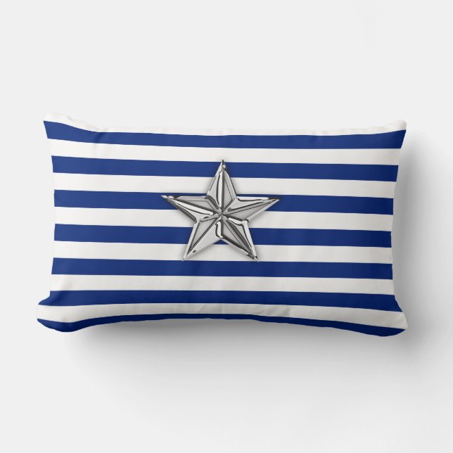 Nautical Silver Star on Blue Stripes Lumbar Pillow (Front)