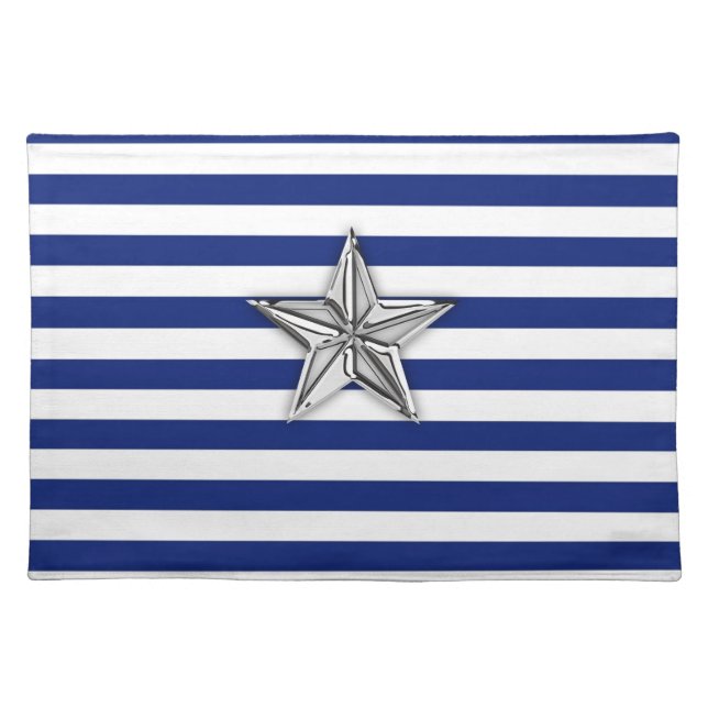 Nautical Silver Star on Blue Stripes Placemat (Front)