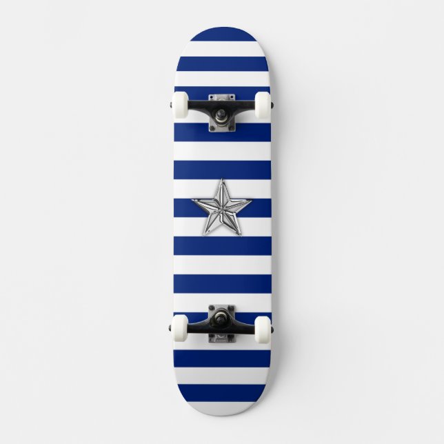 Nautical Silver Star on Blue Stripes Skateboard Deck (Front)