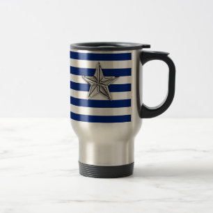 Nautical Silver Star on Blue Stripes Travel Mug