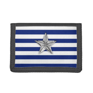 Nautical Silver Star on Blue Stripes Tri-fold Wallet