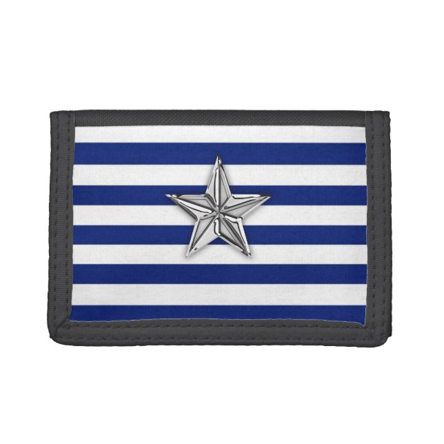 Nautical Silver Star on Blue Stripes Tri-fold Wallet (Front)
