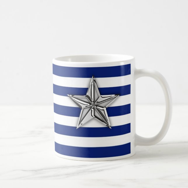 Nautical Silver Star on Navy Blue Stripes Coffee Mug (Right)