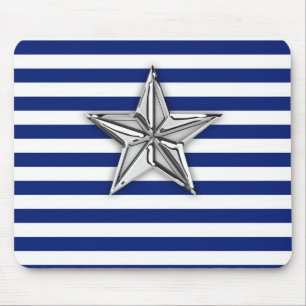 Nautical Silver Star on Navy Blue Stripes Mouse Pad