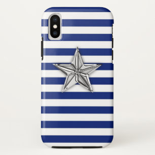 Nautical Silver Star on Navy Stripes Pattern iPhone XS Case