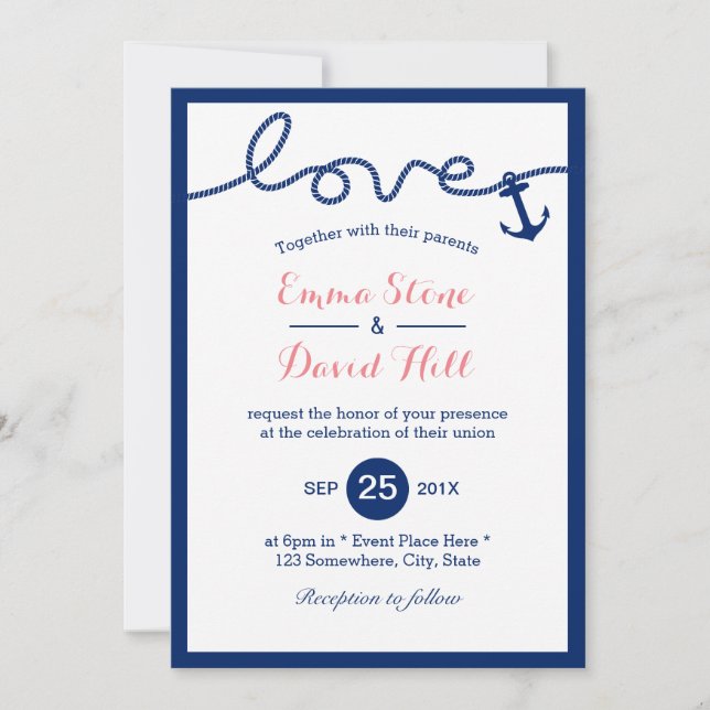 Nautical Simple Border Anchor & Rope Wedding Invitation (Front)