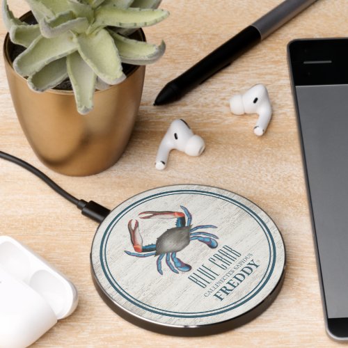 Nautical Simple Rustic Wood Ocean Sea Blue Crab  Wireless Charger