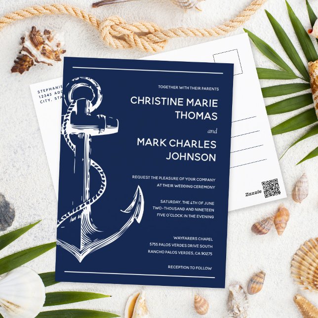 Nautical Sketch Anchor Wedding Navy Invite (Creator Uploaded)