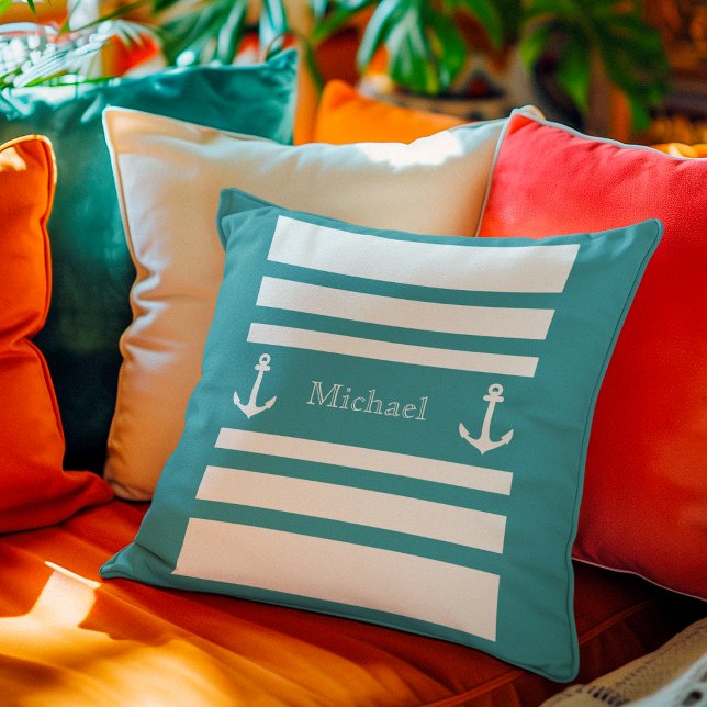 Nautical Soft Blue White Stripes Anchor Name Throw Pillow (Creator Uploaded)