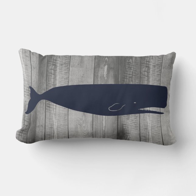Nautical Sperm Whale Silhouette & Gray Wood Planks Lumbar Pillow (Front)