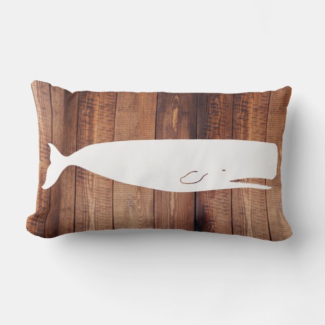 Nautical Sperm Whale Silhouette & Wood Planks Lumbar Pillow (Front)