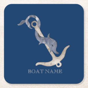 Nautical Spirit Anchor Dolphin Navy Blue Square Paper Coaster