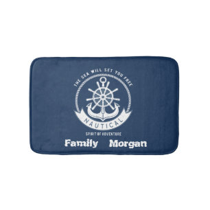 Nautical Spirit Anchor,Wheel, Navy Blue Bath Mat