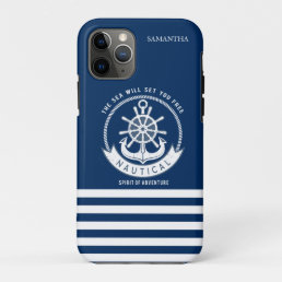 Nautical Spirit Anchor,Wheel, Navy Blue iPhone 11 Pro Case