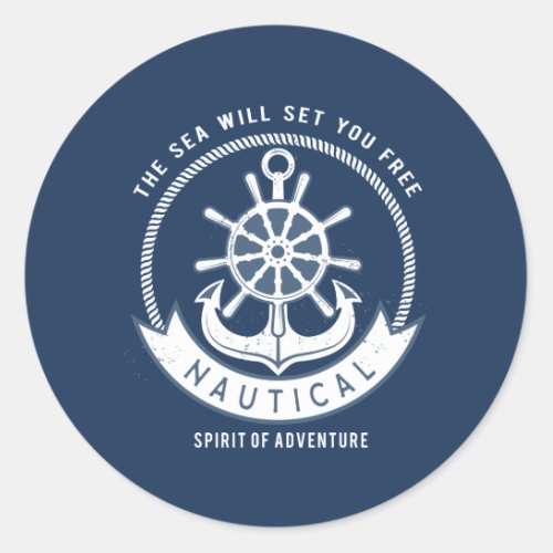 Nautical Spirit AnchorWheel Navy Blue Classic Round Sticker