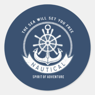 Nautical Spirit Anchor,Wheel, Navy Blue Classic Round Sticker