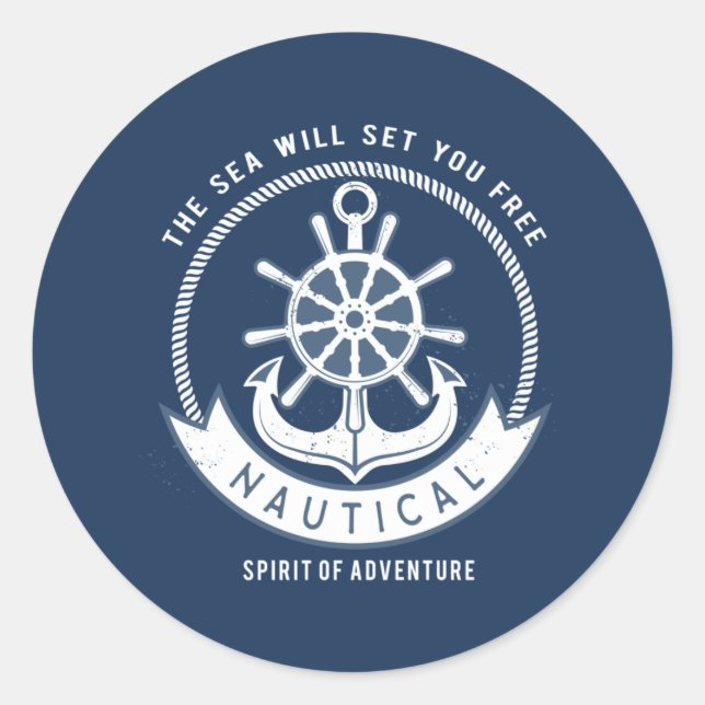 Nautical Spirit Anchor,Wheel, Navy Blue Classic Round Sticker (Front)