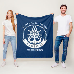Nautical Spirit Anchor,Wheel, Navy Blue Fleece Blanket
