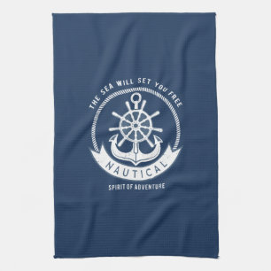 Nautical Spirit Anchor,Wheel, Navy Blue Kitchen Towel