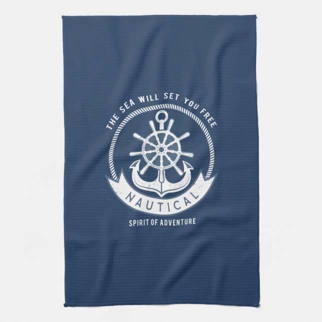 Nautical Spirit Anchor,Wheel, Navy Blue Kitchen Towel (Vertical)