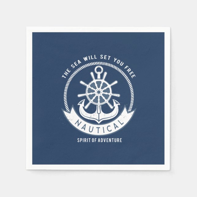 Nautical Spirit Anchor,Wheel, Navy Blue Napkins (Front)