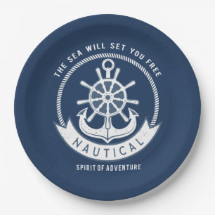 Nautical Spirit Anchor,Wheel, Navy Blue Paper Plates