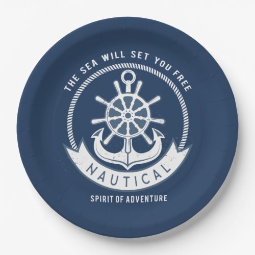 Nautical Spirit AnchorWheel Navy Blue Paper Plates