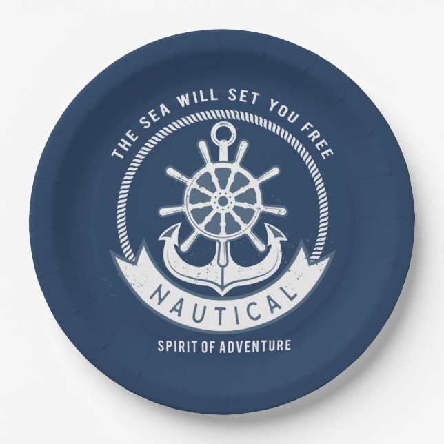 Nautical Spirit Anchor,Wheel, Navy Blue Paper Plates (Front)
