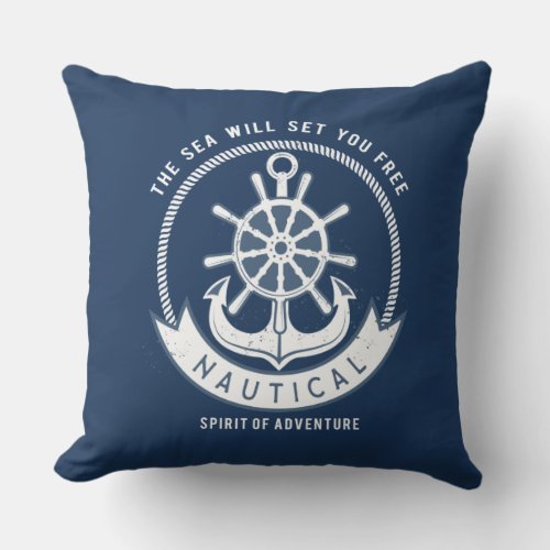 Nautical Spirit AnchorWheel Navy Blue Throw Pillow