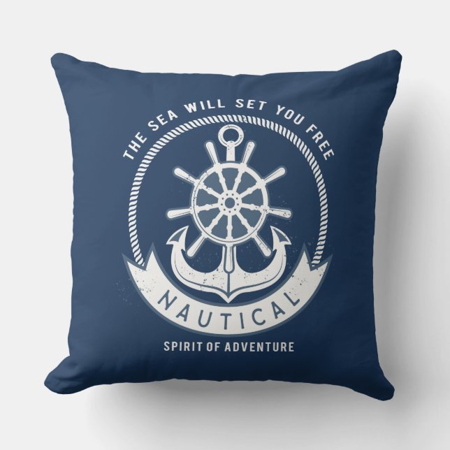Nautical Spirit Anchor,Wheel, Navy Blue Throw Pillow (Front)