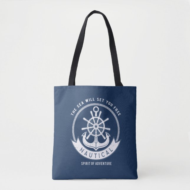 Nautical Spirit Anchor,Wheel, Navy Blue Tote Bag (Front)