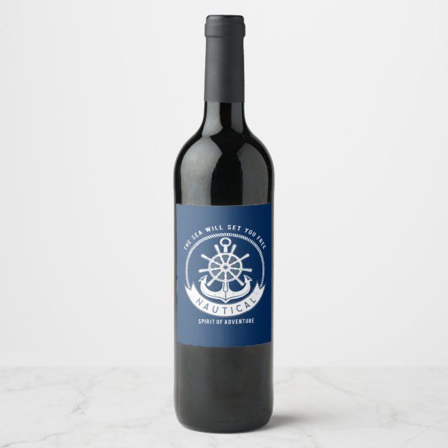 Nautical Spirit Anchor,Wheel, Navy Blue Wine Label (Front)